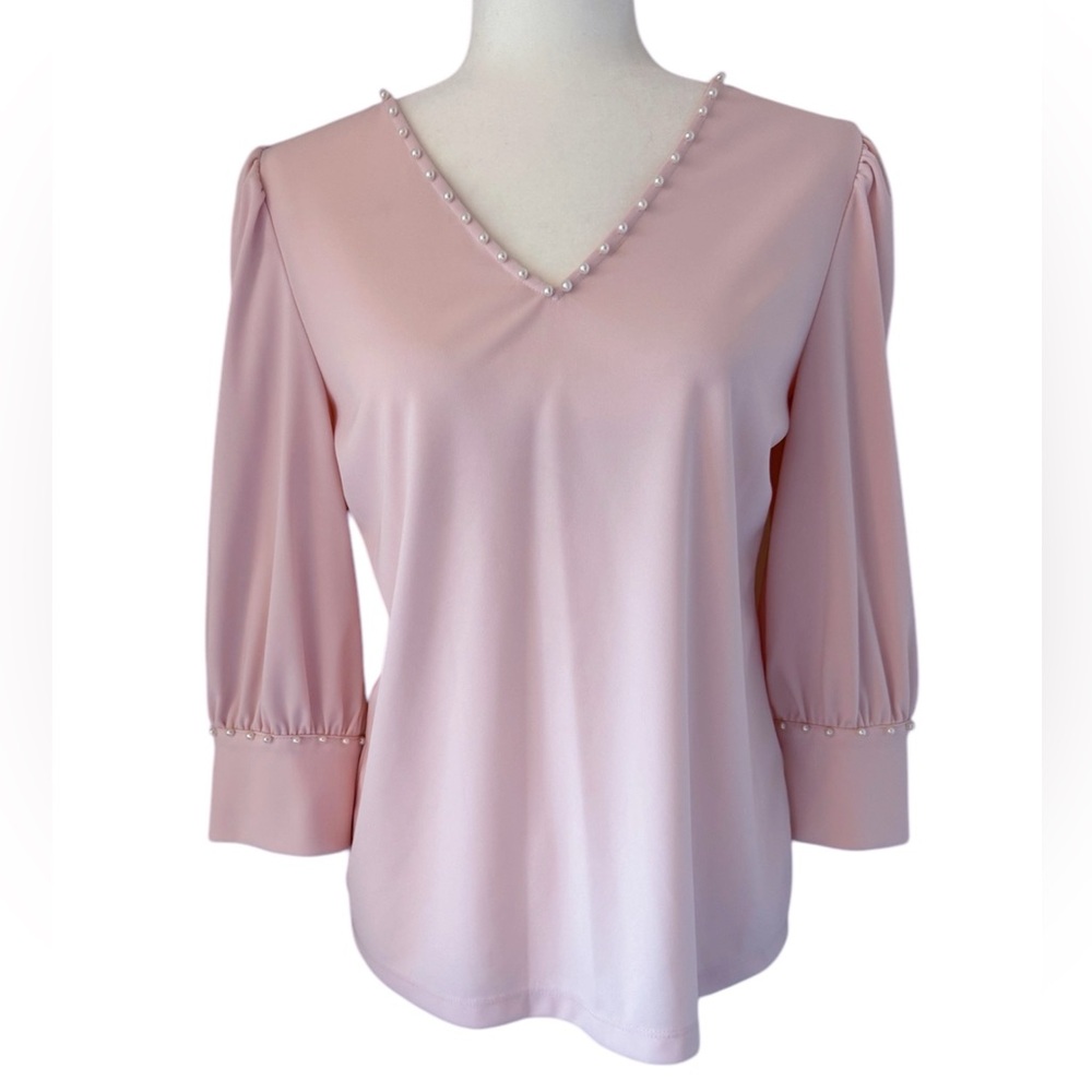 Karl Lagerfeld V Neck Blush Pink Blouse with Pearls